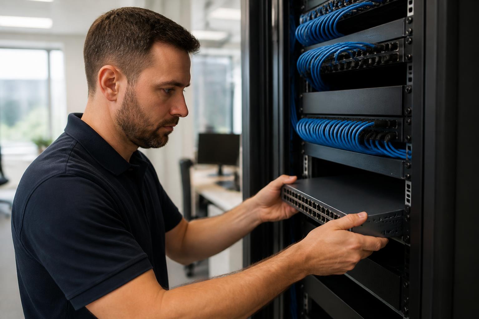 Technician installing a rack mounted network switch for a business